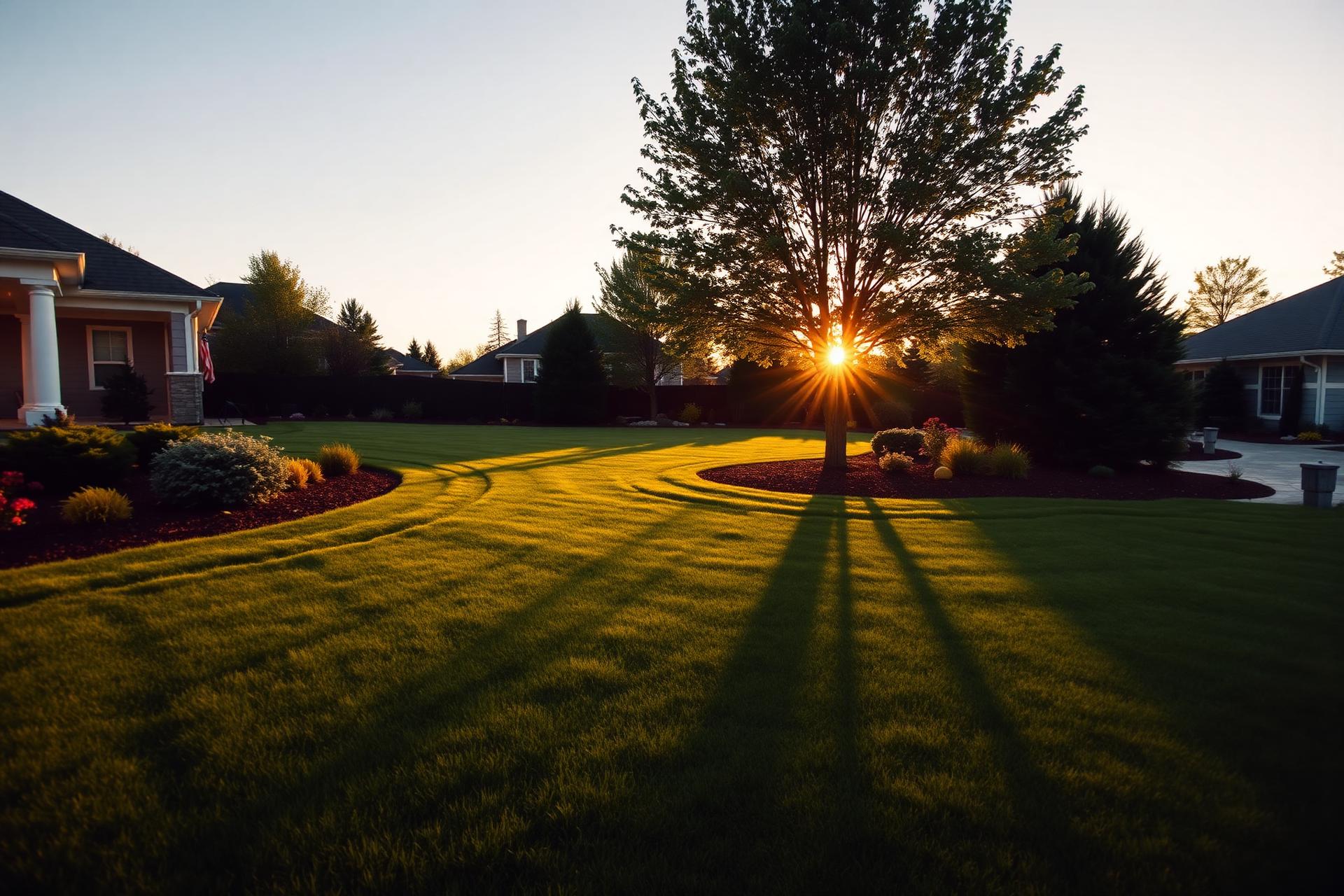 Beautifully landscaped lawn at golden hour